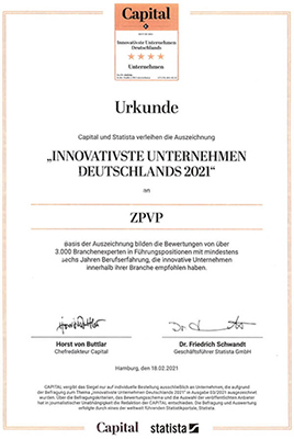 Urkunde "Innovativste Unternehmen Deutschlands 2021"